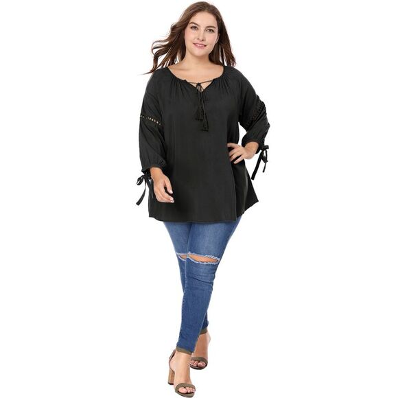 Women's Plus Size Raglan Sleeves Hollow Out Tie Neck Tunic Peasant Tops Black - Picture 3 of 6
